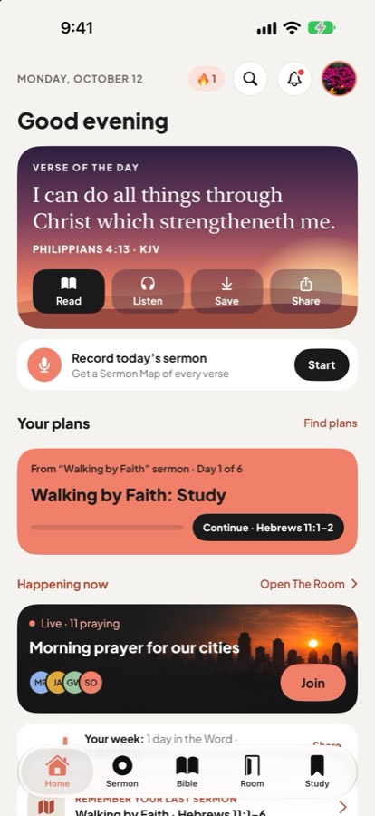 The Upper Room home screen with the verse of the day